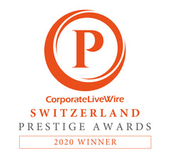 Corporate LiveWire Switzerland Prestige Awards 2020 Winner badge awarded to Karin Herzog, recognizing excellence and innovation in Swiss skincare.